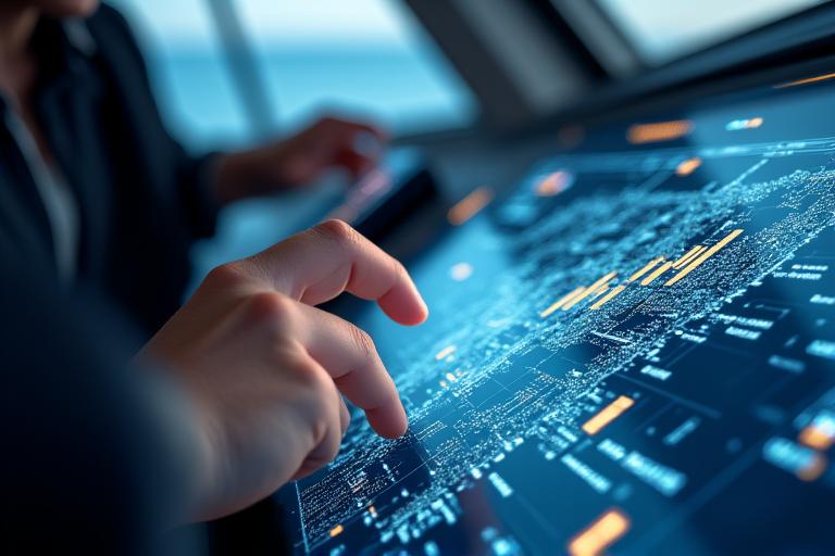 Visualizzazione futuristica di dati predittivi di navigazione su uno schermo olografico